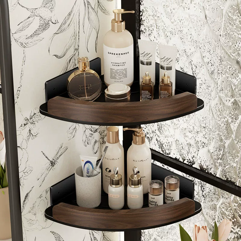 Bathroom triangle basket bathroom storage rack no punching space aluminum walnut log wall hanging storage rack shelf