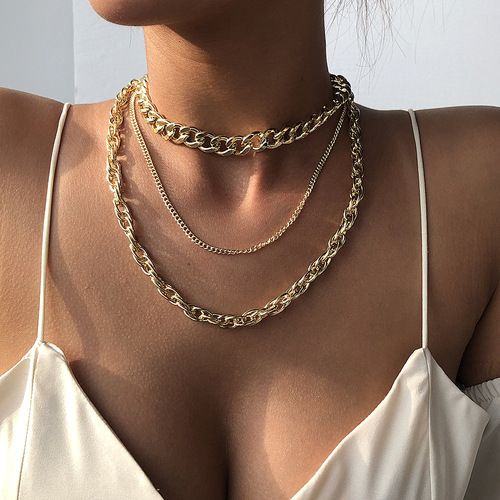 Fashionable multi-layer gold and silver thick chain neckchain female accessories European and American punk hip-hop personality necklace jewelry