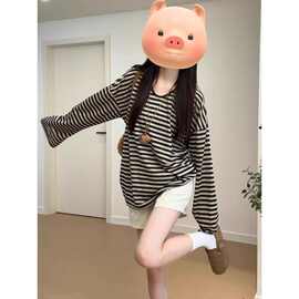 慵懒风条纹喇叭防晒长袖T恤女夏季薄款oversize宽松显瘦罩衫上衣