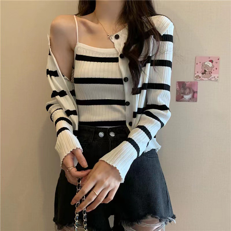 81g Weight Long Sleeve Sleeve Length Single Breasted Placket Type Ice Silk, Polyester Fabric Type Short Top Length Knitwear Tops Type Daily Occasion Round Neck Neckline Slim Fit Type Stripe Pattern Spring, Autumn Season Women's Gender Casual Style Wholesale Women's Ice Silk Polyester Casual Stripe Long Sleeve Sweaters & Cardigans 32