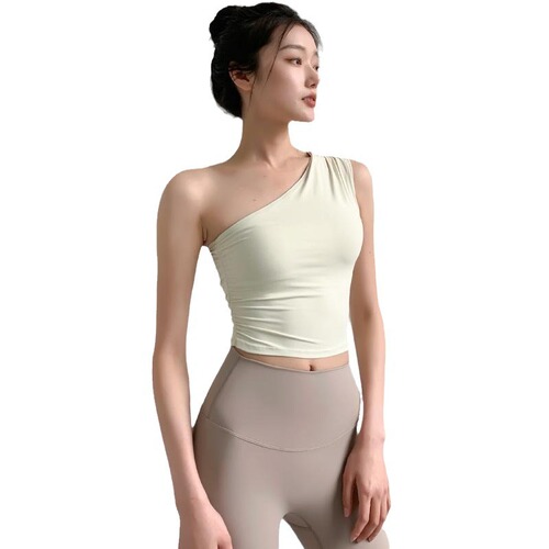 Women's Yoga Fitness Tank Top with Padding, Single Shoulder Yoga Top, Running and Pilates Training Top