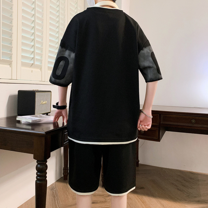 Summer Fake Two-piece suit Men's High-end Hong Kong Style Fashion Brand Handsome Youth Loose Leisure Sports Two-piece Set