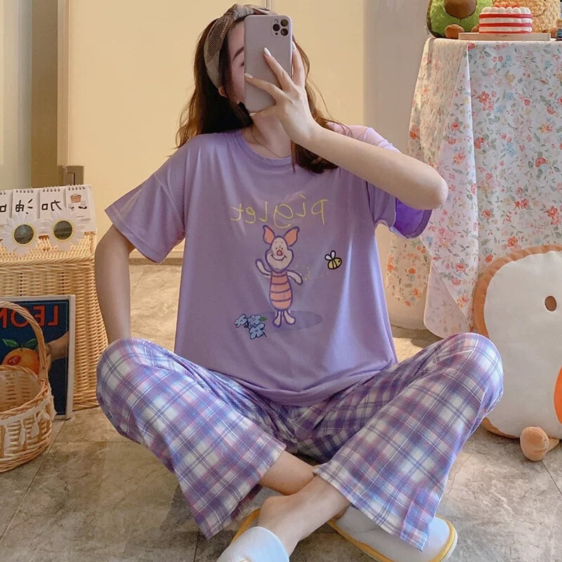 睡衣女春秋款5XL码新款短袖长裤女士印花可爱可外穿家居服套装|undefined