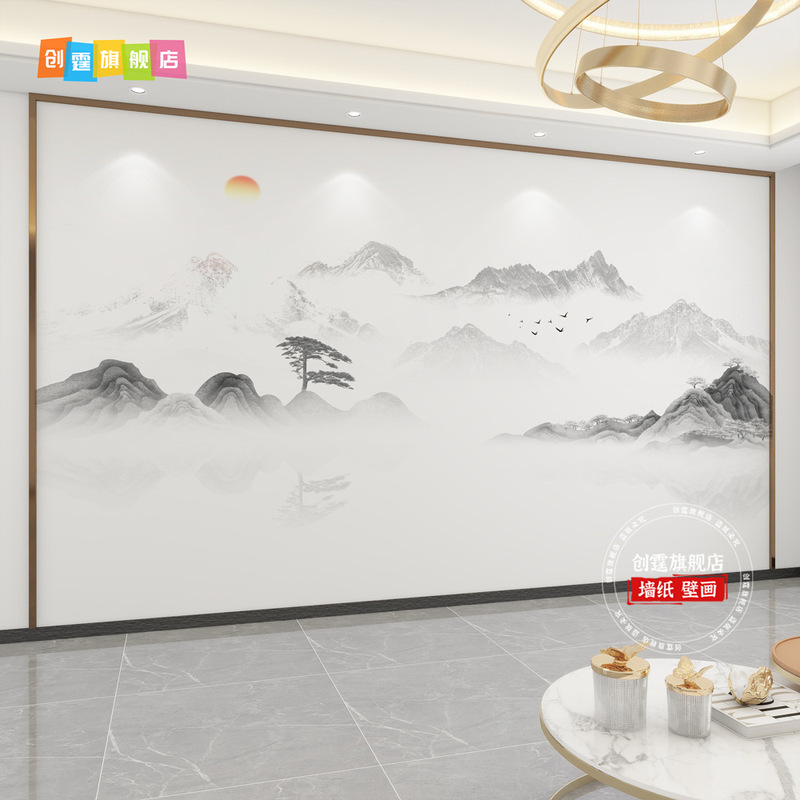 千里江山图电视背景墙壁布客厅新款中式壁纸3d立体壁画影视墙|undefined