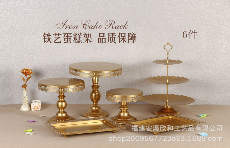 Decoración de mesa de postres de boda de oro, estante de pastel europeo, propósitos de boda, bandeja de pastel de encaje, estante de refrigerio de hierro forjado, 12 juegos