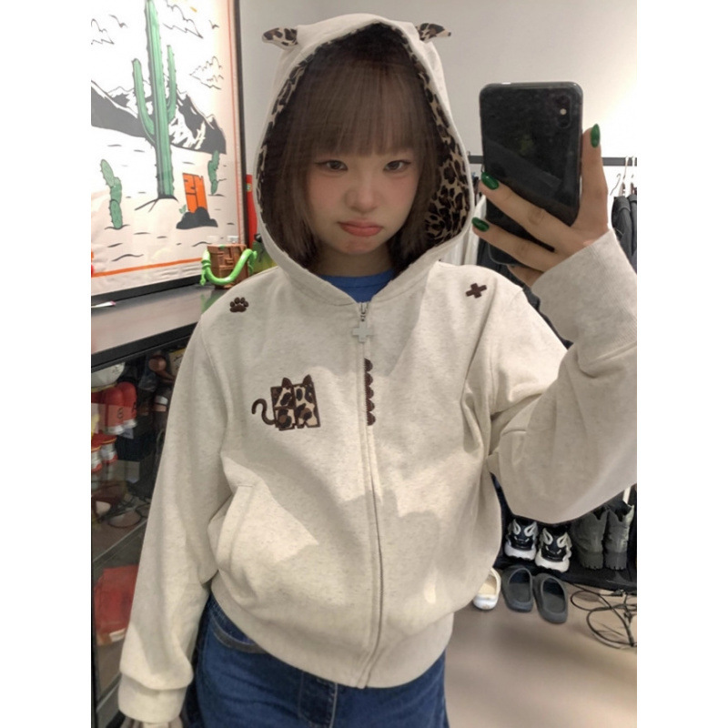 2025 New Sprouting Plan Little Devil Leopard Print Patch Hooded Zipper Jacket American Loose Men's and Women's Sweaters