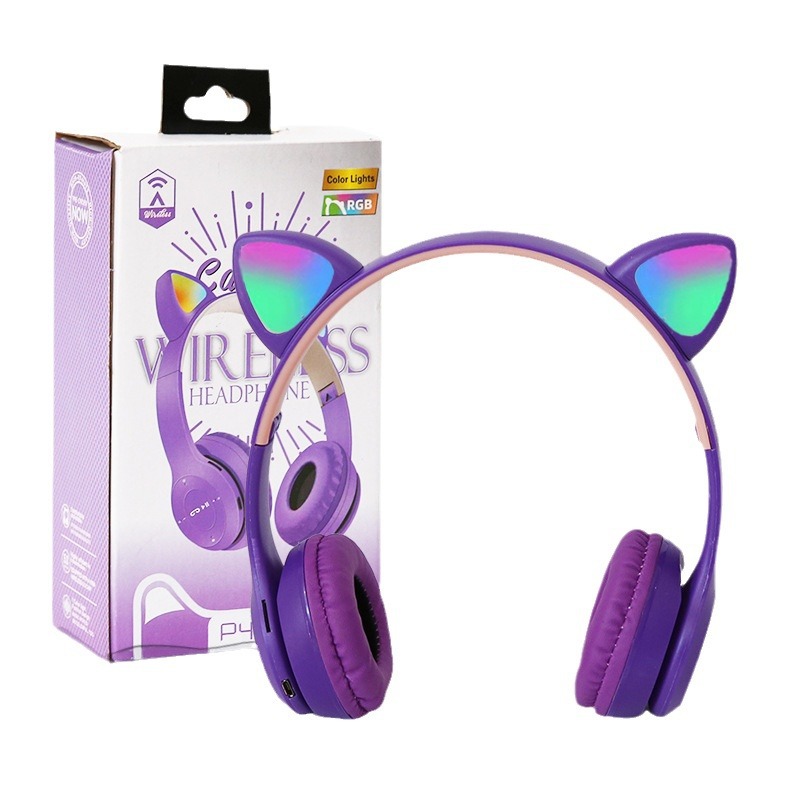 Auriculares Bluetooth luminosos con orejas de gato P47M, auriculares inalámbricos para juegos de dibujos animados para estudiantes, fábrica de auriculares p47m