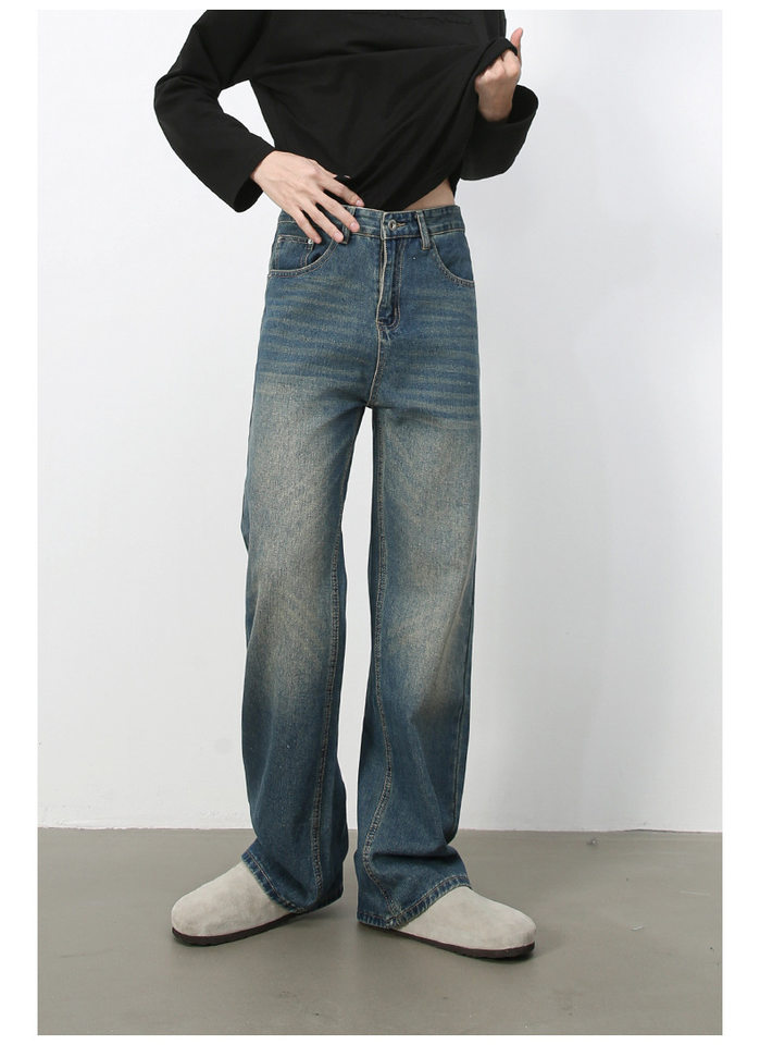 Quần jean nam ống rộng suông thẳng phong cách Mỹ, denim wash đơn giản — màu xanh, màu xanh nhạt chi tiết 10