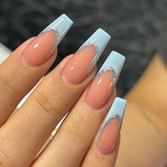 跨境穿戴甲批發法式藍邊閃粉美甲貼片成品24片可拆卸撞色假指甲片