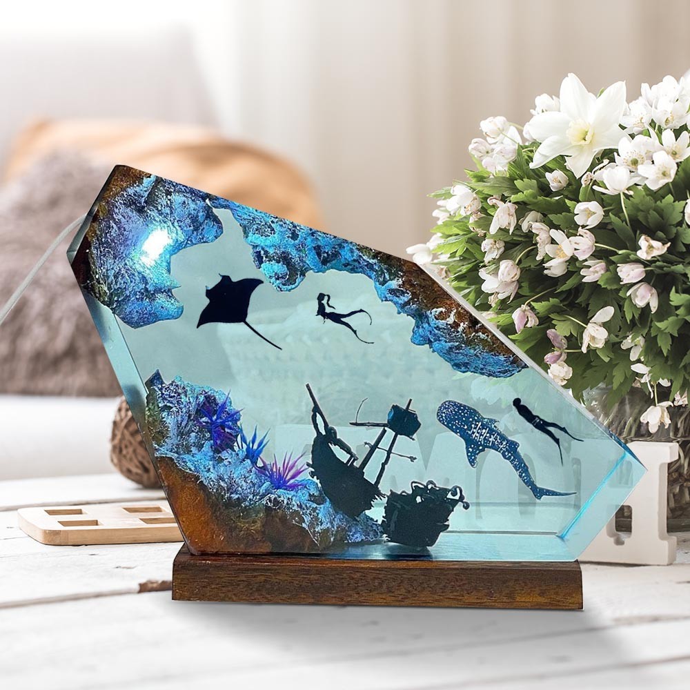 Tiburón ballena manta buceador lámpara de noche lámpara de madera de resina marina diseño de regalo único de Navidad artefactos de decoración del hogar