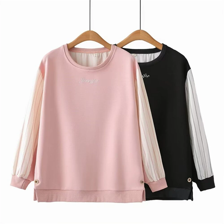 200 кг Толстая девушка весна Универсальный плюс размер Топ корейский Свободный Повседневный полосатый шить вышитый круглый вырез свитер 909