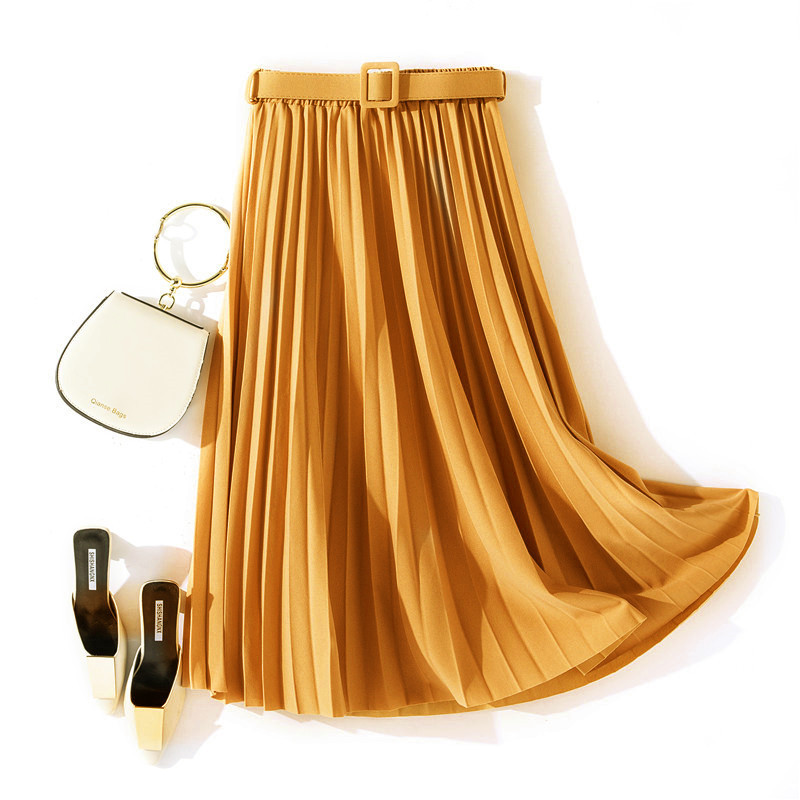 Women Pleated Skirt Spring Mid-Length Elastic High Waist Belt A-Line Skirt - Picture 28 of 28