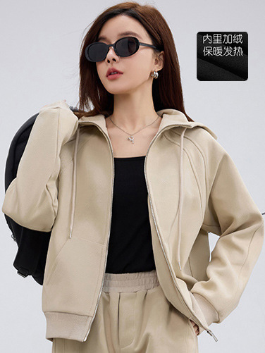 2025新款拉链连帽外套秋冬加绒两件套女装宽松显瘦轻运动休闲套装|undefined