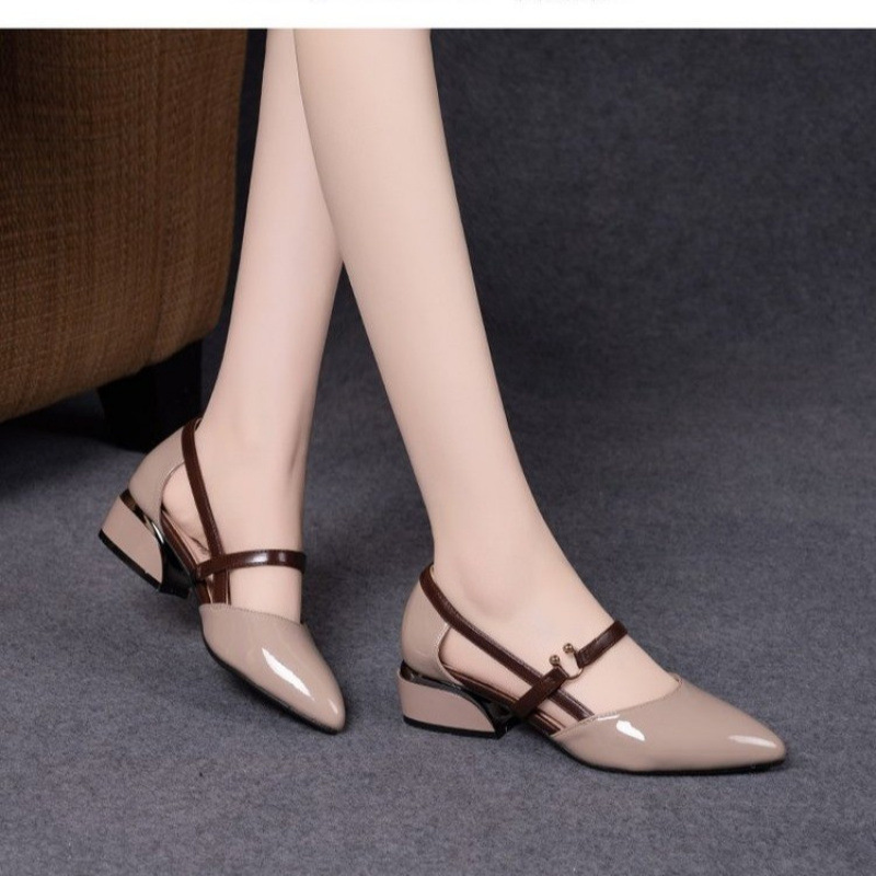 Temperament Versatile Hollow One-Line Buckle Flats Soft Leather Toe-Cap Sandals for Women Summer Mid-Heel Korean Style Pointed-Toe High-Heeled Leather Shoes