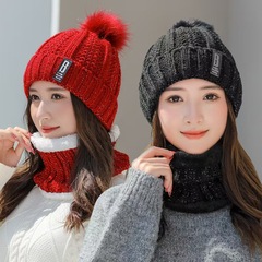 女冬季韩版休闲毛线帽加绒保暖针织帽秋冬季户外骑行防寒围脖帽子
