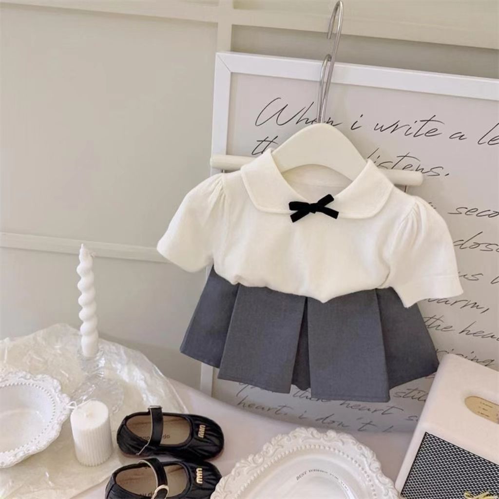 Girls Summer Suit, Fashionable Baby Girl, Preppy Style, Cute Bow Short-Sleeved Preppy Style Top, High-Waisted Skirt