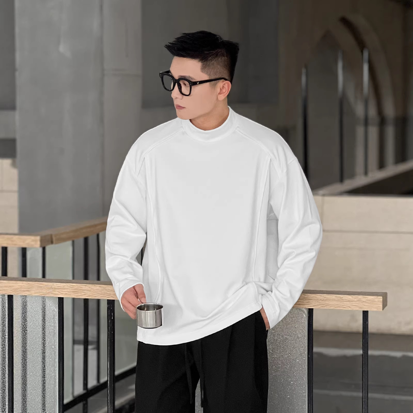 Lazy Style Deconstructed Long-Sleeve T-Shirt with Small Collar, Men's Spring and Autumn New American Retro Loose Top