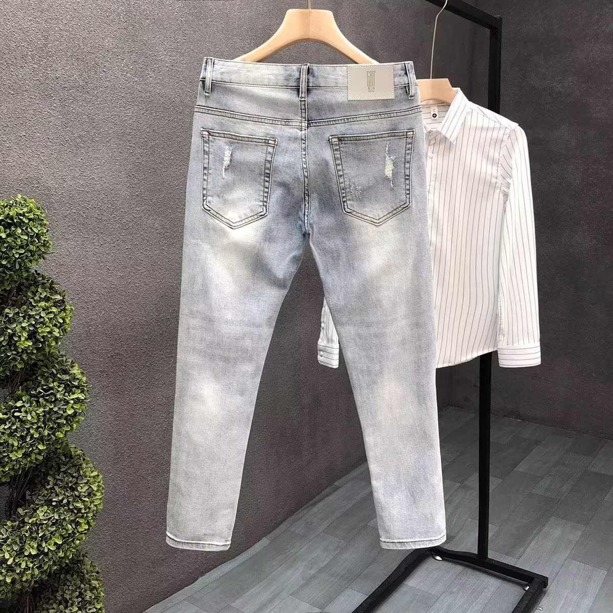 Men's Summer Thin Ripped Jeans Trendy Brand Slim Fit Korean Style Stretchy Casual Cropped Pants_mkmklike.com