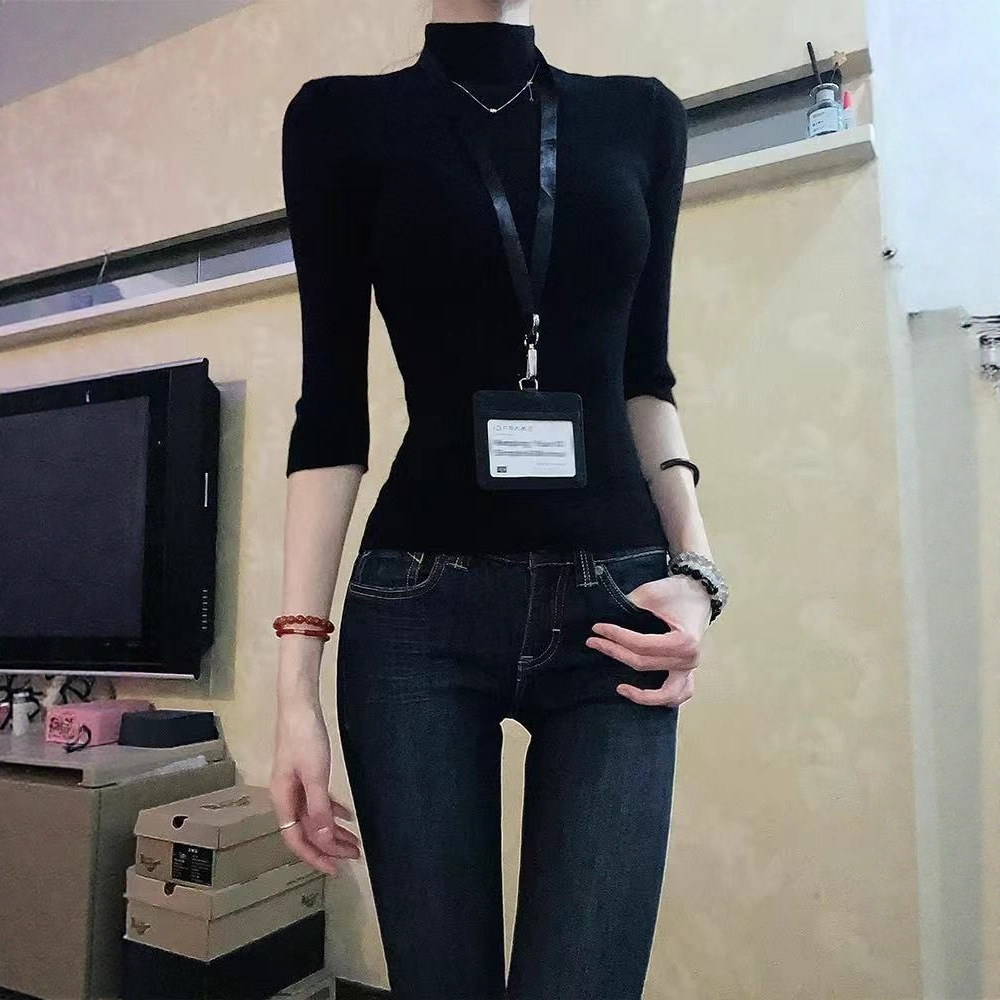 미국 핫걸 하프 터틀넥 이너 레이어드 셔츠 여성 초가을 슬림핏 7부소매 티셔츠 이너 레이어드 셔츠 탑
