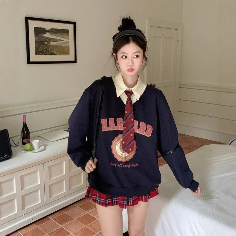 美式复古藏蓝色假两件v领无帽套头卫衣女秋冬季学院风设计感上衣|undefined