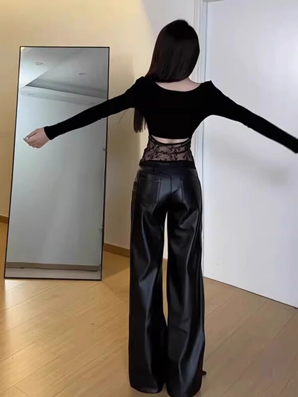 [Rayon Modal 1*1 Cut as You Like] Hot Girl Hollow Backless Lace Mesh Long Sleeve T-Shirt Women's Spring and Autumn Top