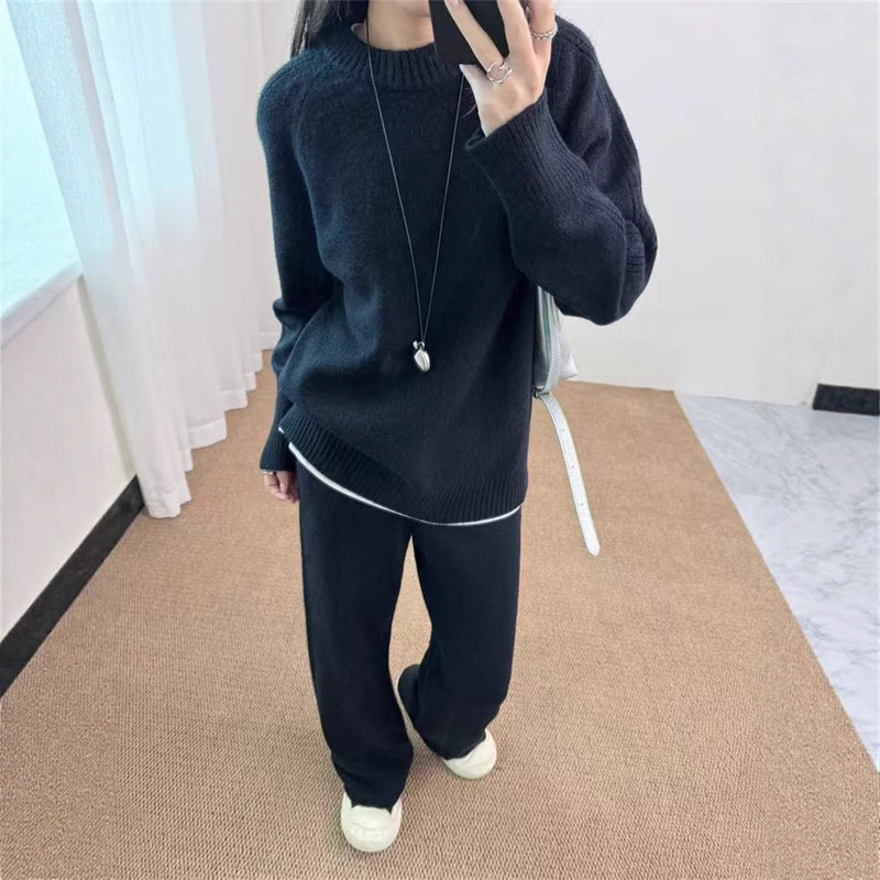 欧美跨境新款圆领宽松慵懒风简约长袖套头毛衣针织阔腿裤两件套|undefined