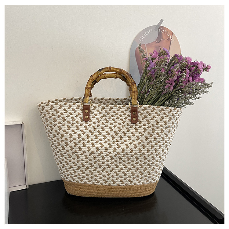 Women's Medium Straw Color Block Basic Vintage Style Weave Open Bucket Bag display picture 17