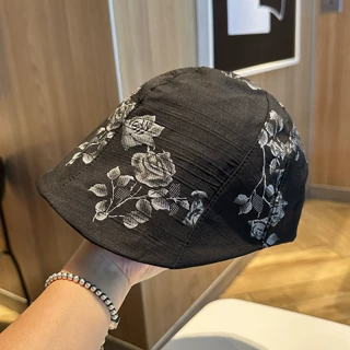 新款国风刺绣复古宽檐前进帽子女大头围显脸小春秋防晒透气贝雷帽