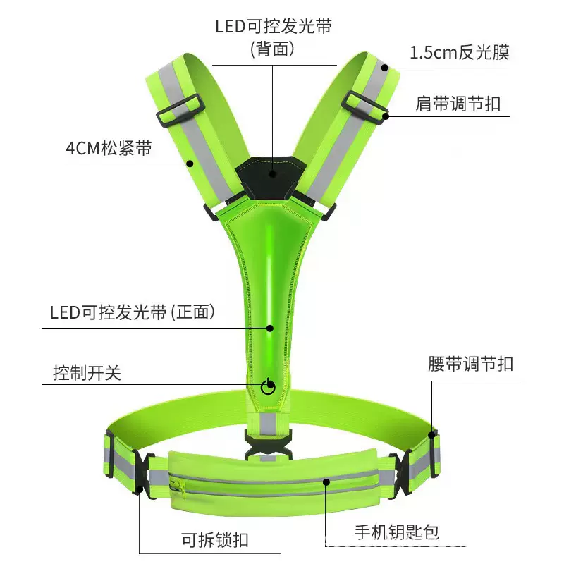 新款公路 LED可调节带包 背心夜跑骑行反光USB马甲户外跑步运动包