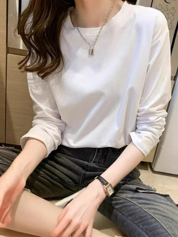 长袖打底衫2025秋季男女同款内搭上衣女士体恤秋纯棉长袖白色t恤|undefined