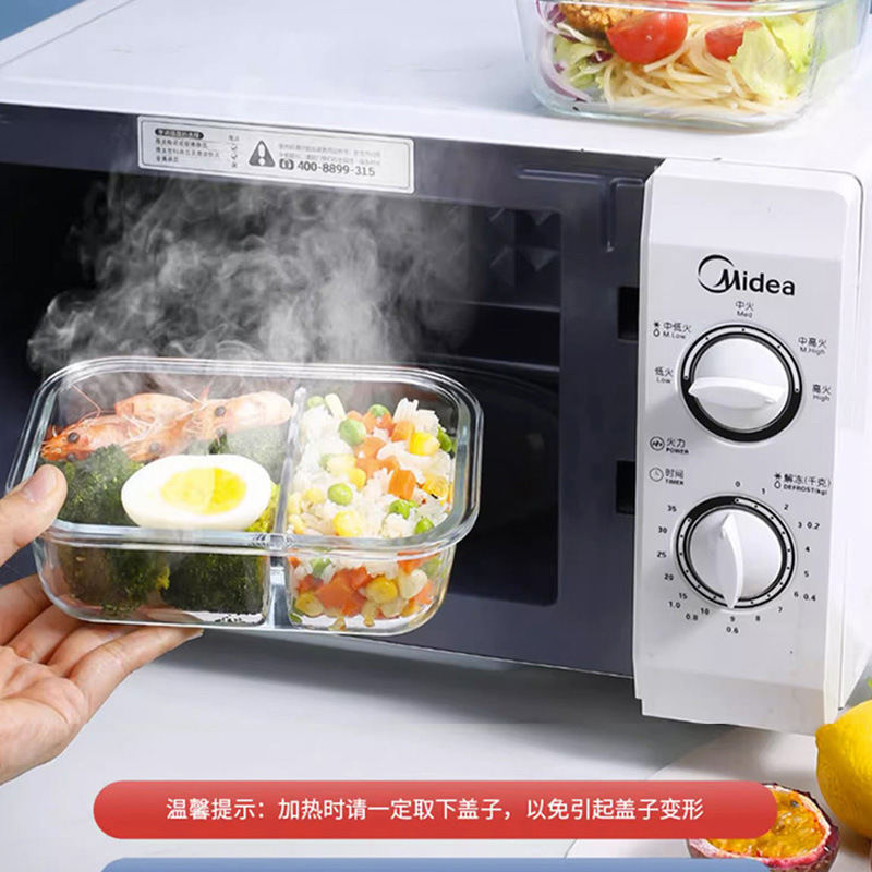 Caja de almuerzo de vidrio horno microondas calefacción tazón refrigerador alto boro más nítido trabajador de oficina caja de almuerzo de tres rejillas