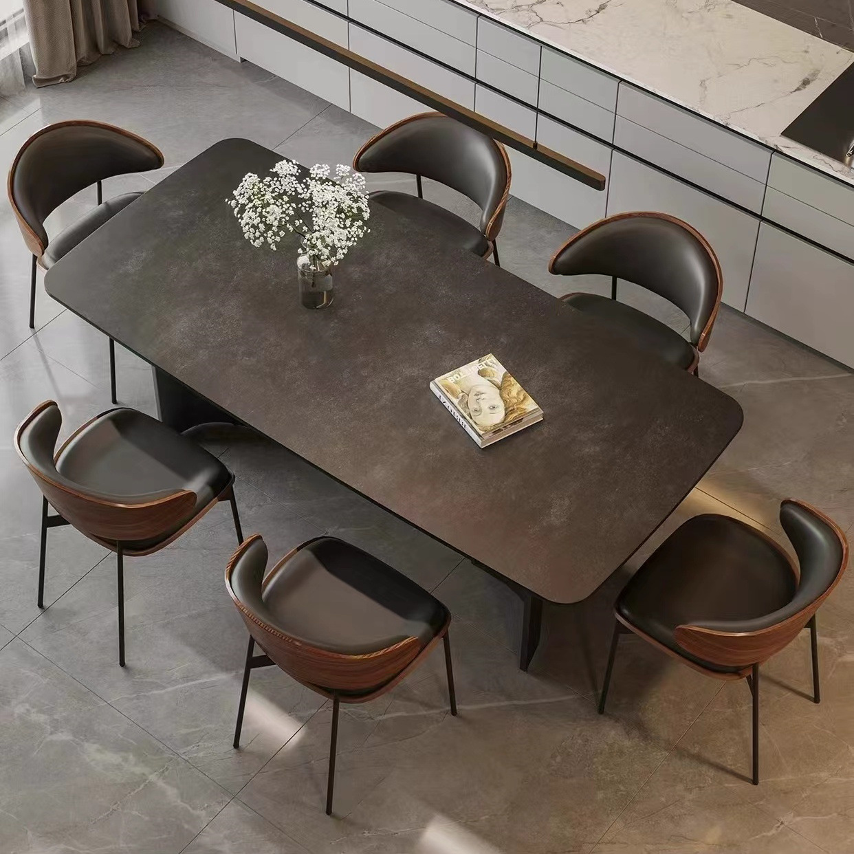 Italiano simple y moderno mesa de comedor de tabla de roca negra combinación rectangular retrógrado pequeño estilo de casa silenciosa mesa de comedor doméstica
