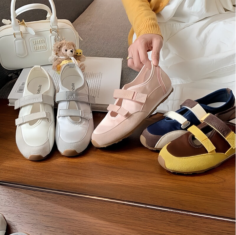 Sheepskin Version of Grape-Colored Mary Jane Ballet Flats with Double Velcro Straps, Soft Sole, Soft Upper, Women's Mary Jane Sports Casual Shoes