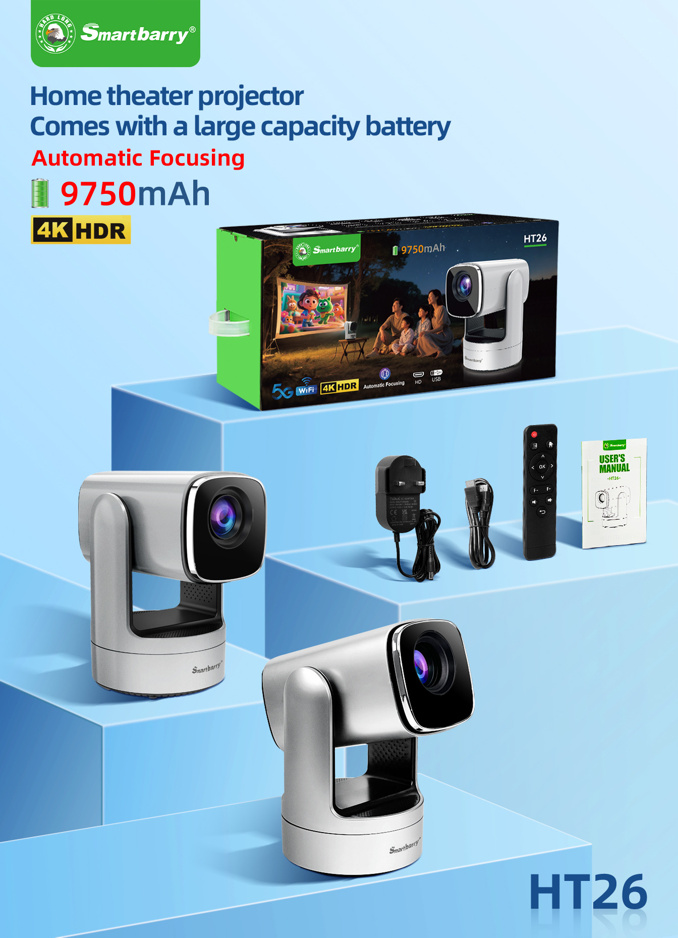 Sınır Ötesi 4K Açık Hava Projektörü Yerleşik Pil WiFi HD Android Akıllı Projector