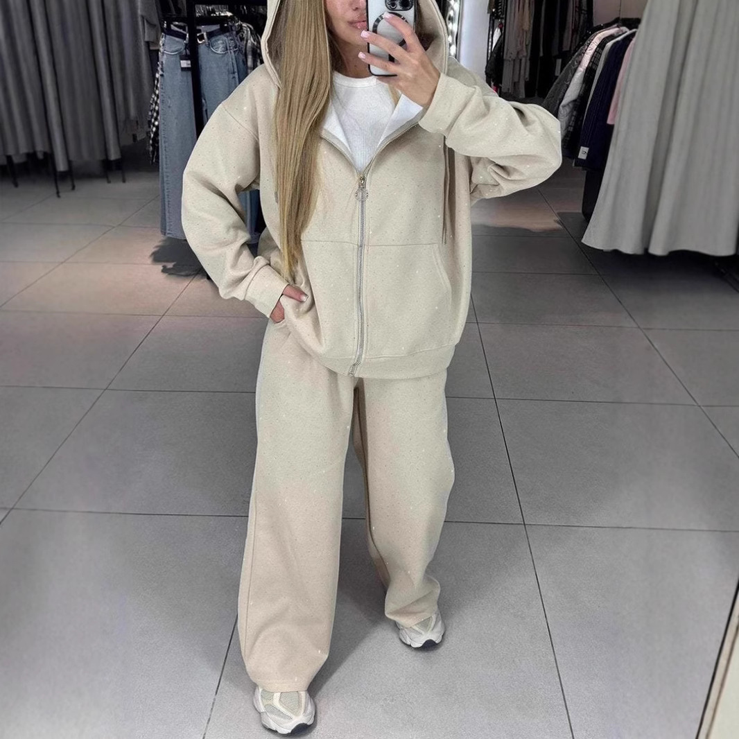 Damenbekleidung Sportanzüge Herbst und Winter mit Reißverschluss Lazy Style Lässiges Kapuzenpullover mit Rauten-Hose mit weitem Bein Zweiteiliger Anzug_voghion.com