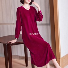 高定一件新款真丝绒连衣裙宽松大码女装秋冬代发气质优雅V领