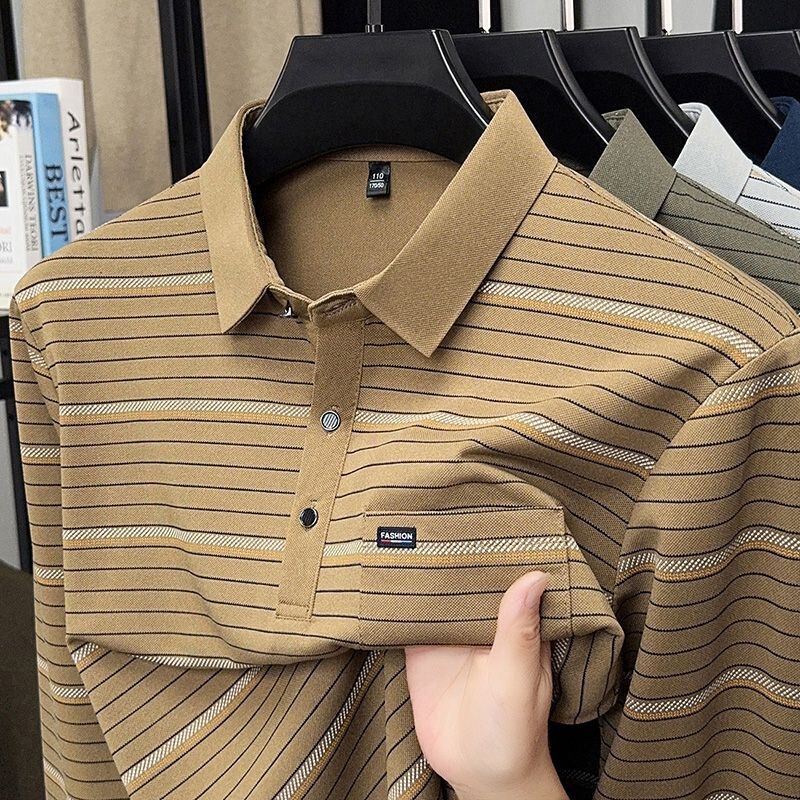 Men's new long-sleeved, casual, loose-fitting, striped polo shirt with pockets, suitable for middle-aged men, and made from a lightweight fabric Men's new long-sleeved, casual, loose-fitting, striped polo shirt with pockets, suitable for middle-aged men, and made from a lightweight fabric