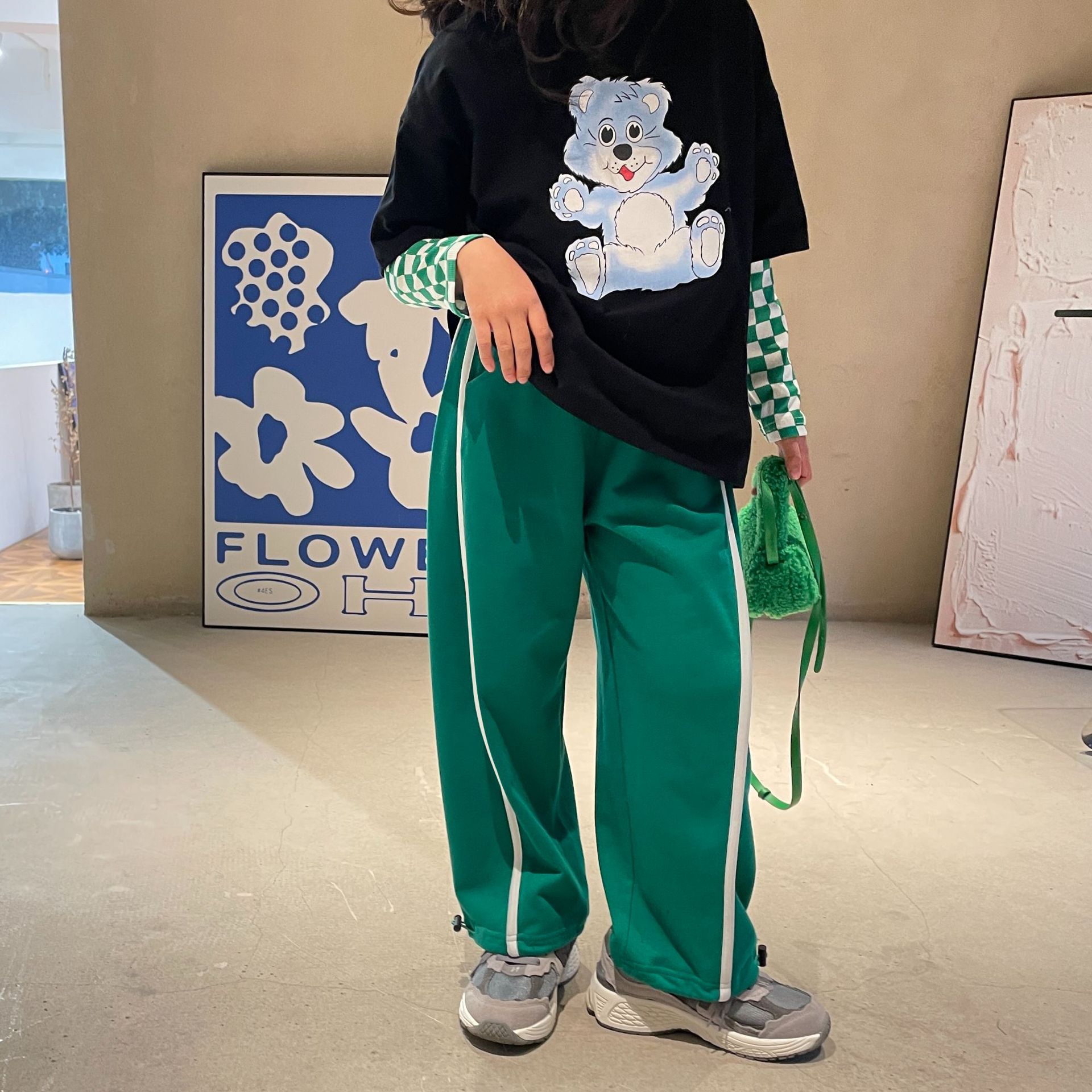 聰小妹2022春款 兒童直筒側條紋休閑衛褲 中大童韓版設計感運動褲