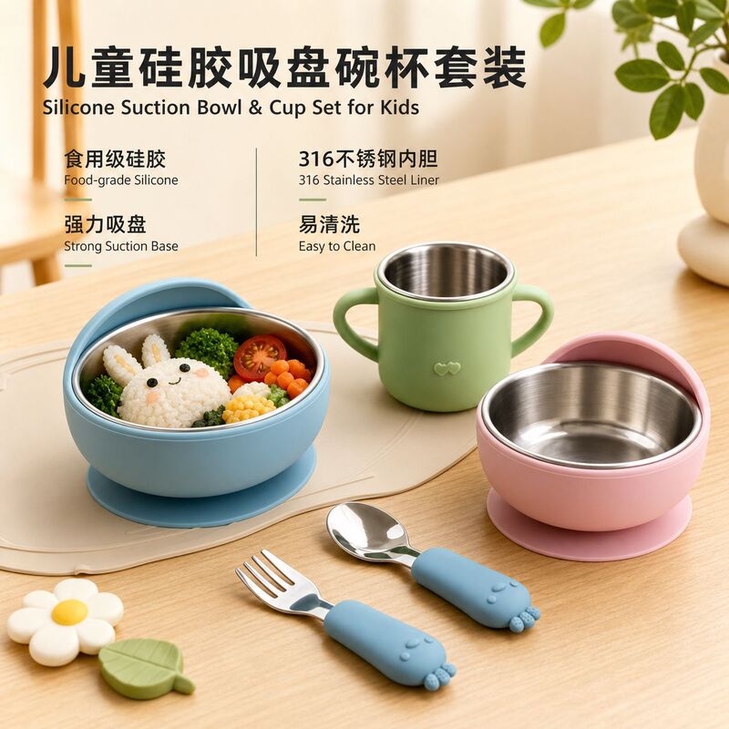 Cross-Border Best-Selling Children's Food Supplement Silicone Bowl, Fork, Spoon, Four-Piece Tableware Set, Drop-Resistant Bowl and Cup for Home Use Cross-Border Best-Selling Children's Food Supplement Silicone Bowl, Fork, Spoon, Four-Piece Tableware Set, Drop-Resistant Bowl and Cup for Home Use
