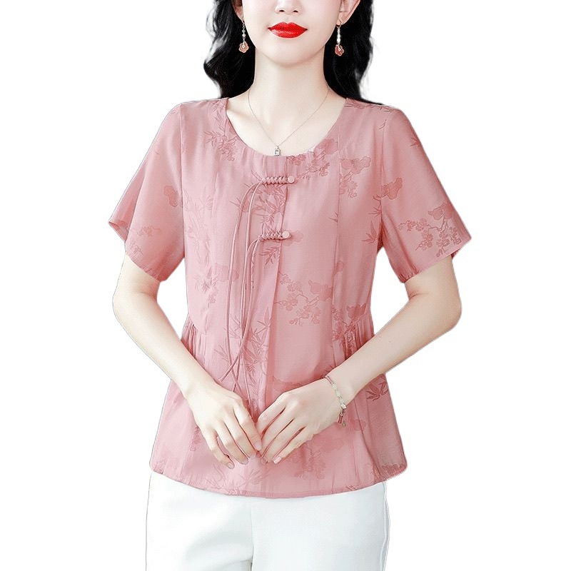 夏の新型綿麻半袖シャツの女性中国式のボタンは年齢がゆったりしています。|undefined