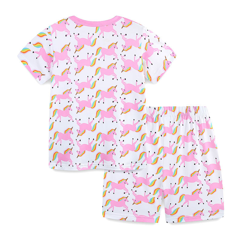 Traje de dos piezas de servicio a domicilio de manga corta para niñas de estilo europeo y americano 25 verano nuevo traje infantil estampado de unicornio lote mixto