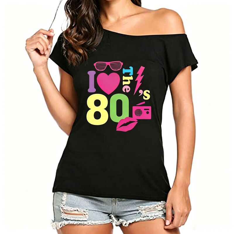Cross-border bestseller retro 80s neon print off-shoulder T-shirt for women, black off-shoulder short-sleeve for parties and casual wear Cross-border bestseller retro 80s neon print off-shoulder T-shirt for women, black off-shoulder short-sleeve for parties and casual wear