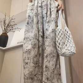 冰丝水墨阔腿裤女夏季薄款2025高腰垂感休闲中国风扎染雪纺防晒裤