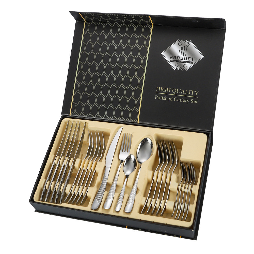 Amazon Acero inoxidable vajilla traje transfronterizo ruso occidental vajilla cuchillo, tenedor, cuchara, Diamante estrella traje de caja de regalo de 24 piezas