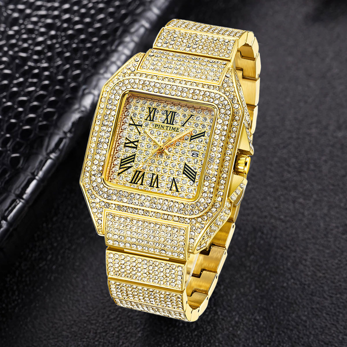 PINTIME men's watch European and American hip hop full diamond watch men's quartz calendar men's watch waterproof non-fading watch