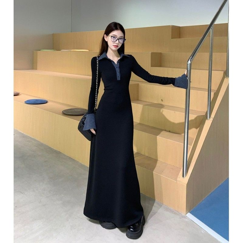 Cross-Border Black Polo Collar Knitted Dress for Women, Hip-Hugging Autumn and Winter Inner Wear, Slim Waist and Elegant Bottoming Long Skirt Cross-Border Black Polo Collar Knitted Dress for Women, Hip-Hugging Autumn and Winter Inner Wear, Slim Waist and Elegant Bottoming Long Skirt
