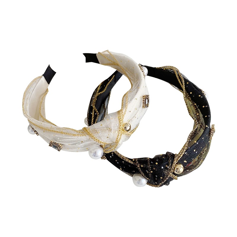 Estilo coreano retro bronceado diadema anudada malla diamante incrustado diadema de ala ancha Retro lavado de cara Paquete de cabello grutas de cabello accesorios para el cabello