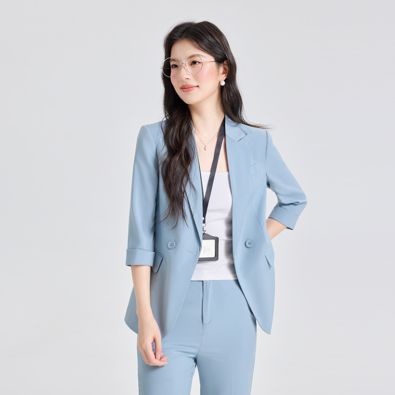 2026 Trendy Blue Blazer for Women, Spring/Summer Thin Style, Three-Quarter Sleeves, Loose Casual Suit Jacket