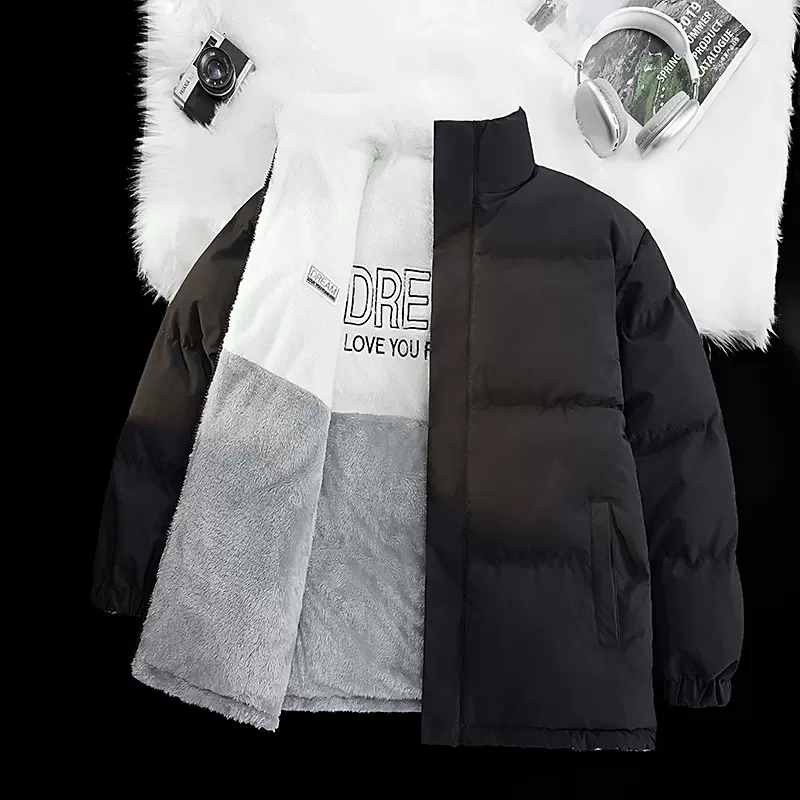 包邮023双面穿冬季新款羊羔绒羽绒服男两面穿韩版宽松立领保暖情
