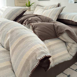 纯棉水洗棉床上四件套简约条纹床品全棉100被套罩床单三件套床品